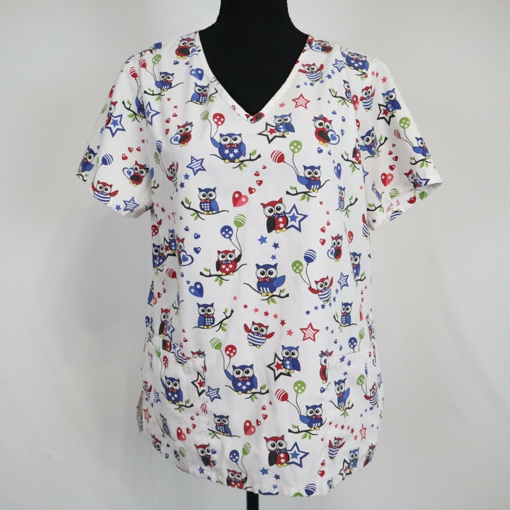 SB Scrubs Top Womens Small Patriotic Owls V-Neck Medical Uniform Short Sleeve